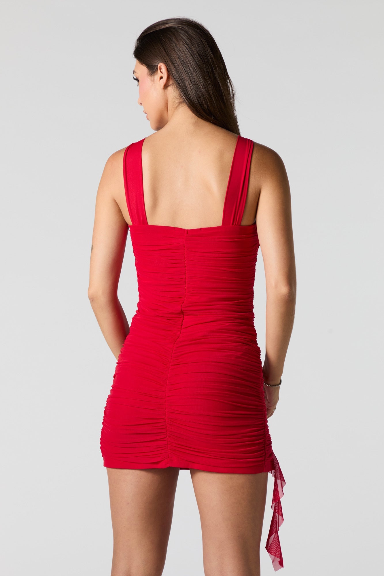 Mesh Ruched Ruffle Mini Dress
