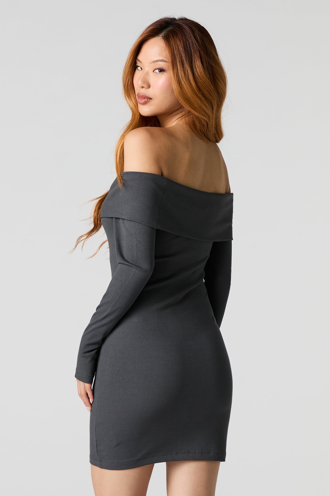 Ribbed Off Shoulder Long Sleeve Mini Dress