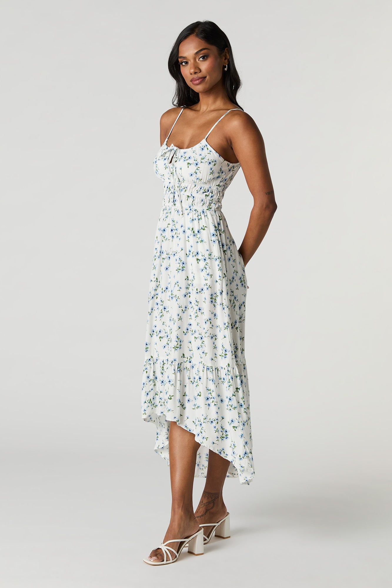 Floral Tie Front High Low Maxi Dress