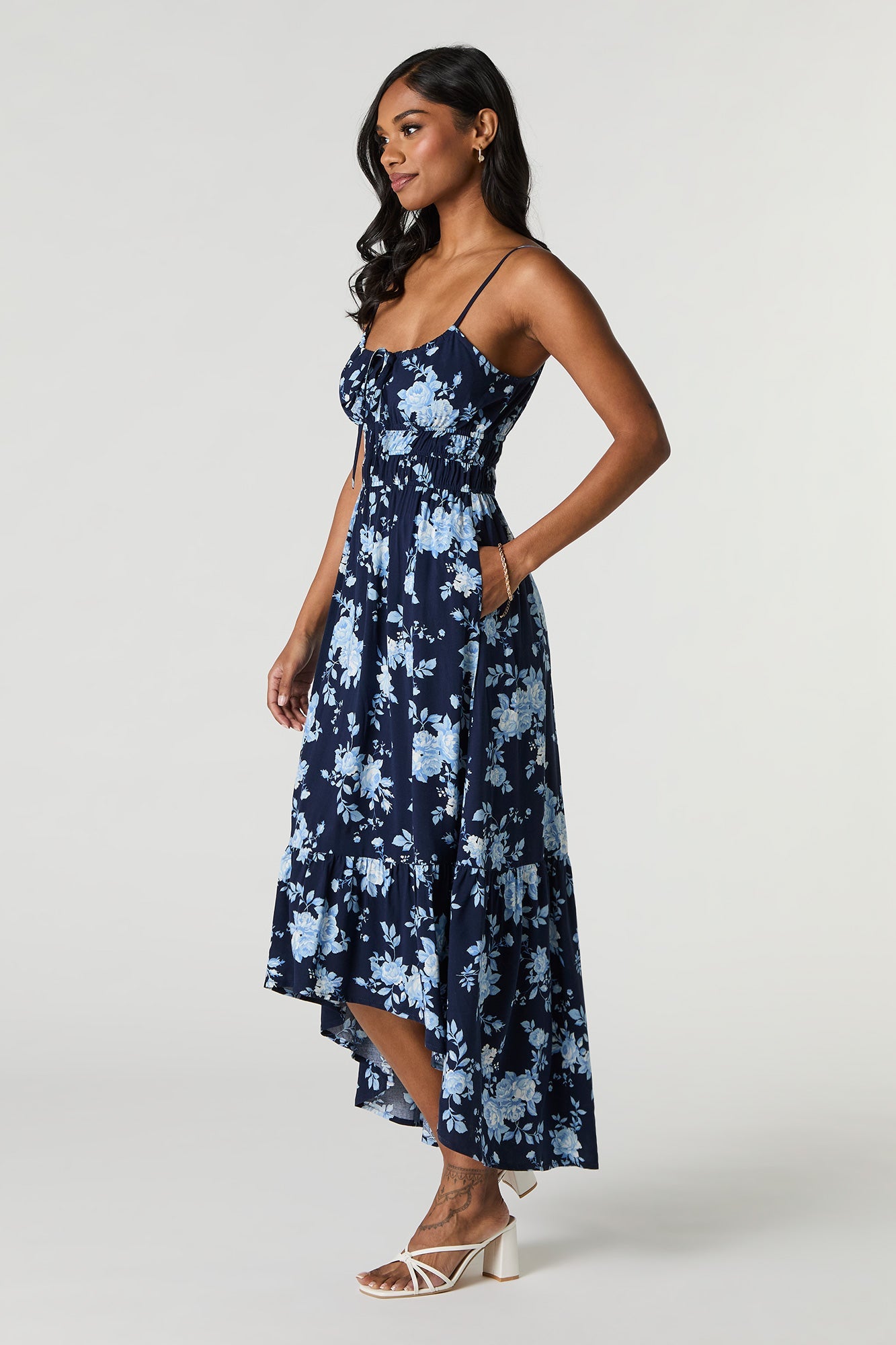 Floral Tie Front High Low Maxi Dress