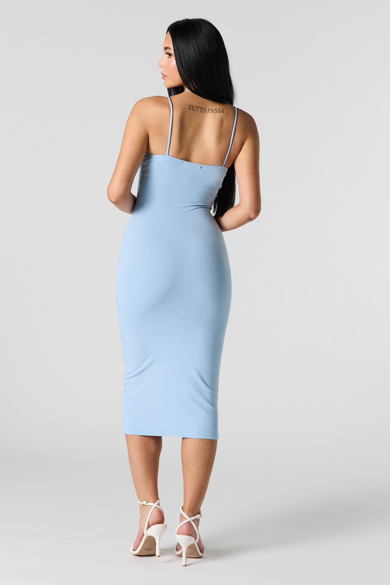 Ribbed Lace Trim V-Neck Midi Dress