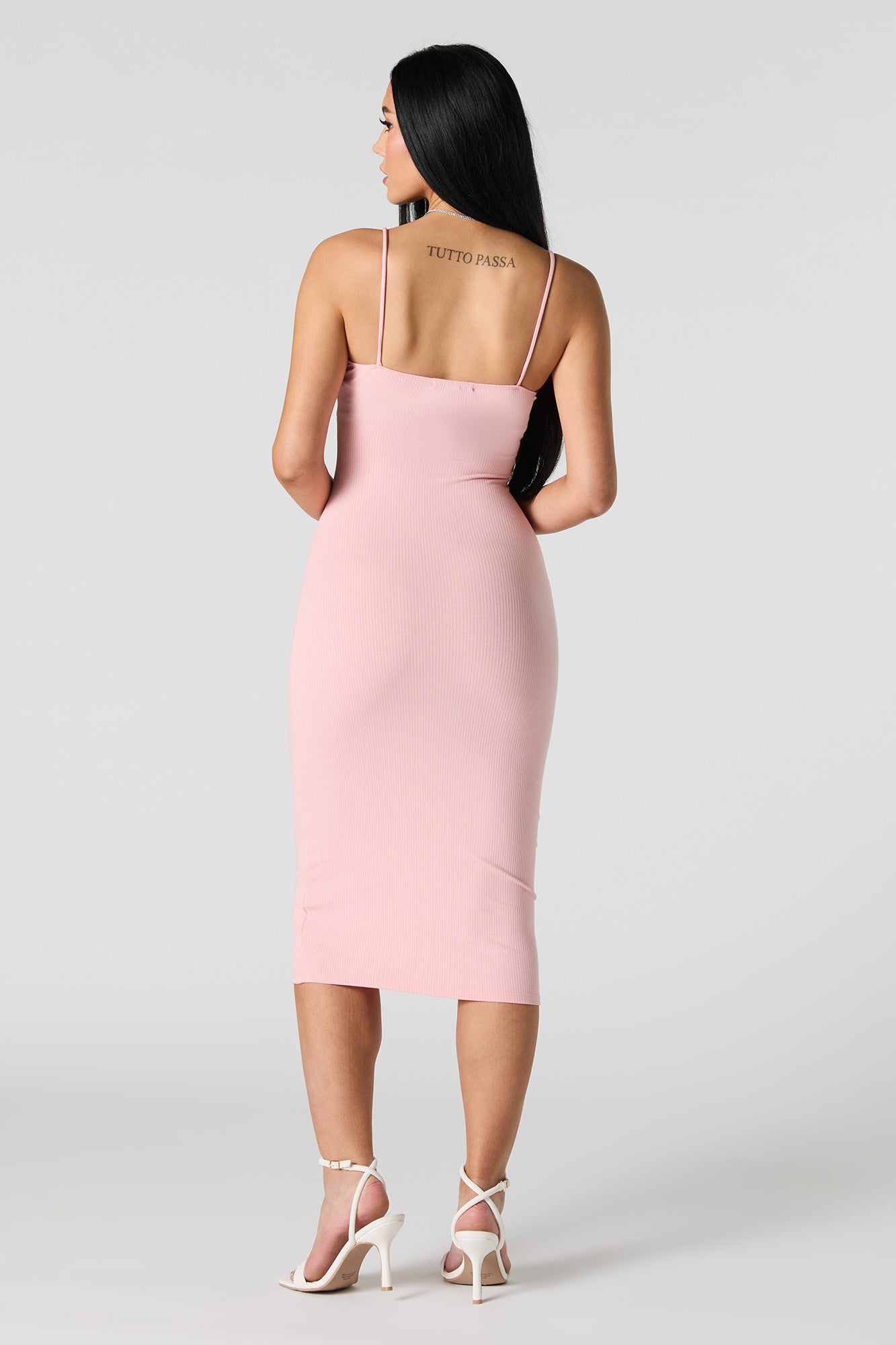 Ribbed Lace Trim V-Neck Midi Dress