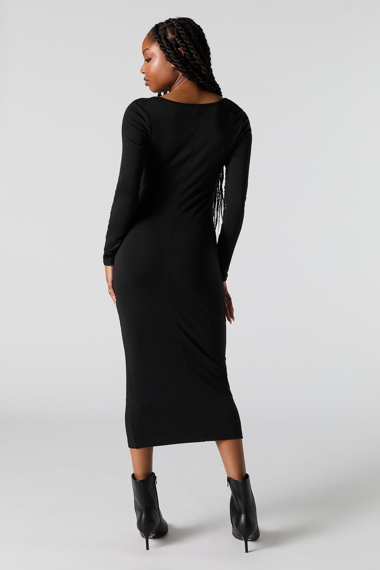 Ruched V-Neck Long Sleeve Midi Dress