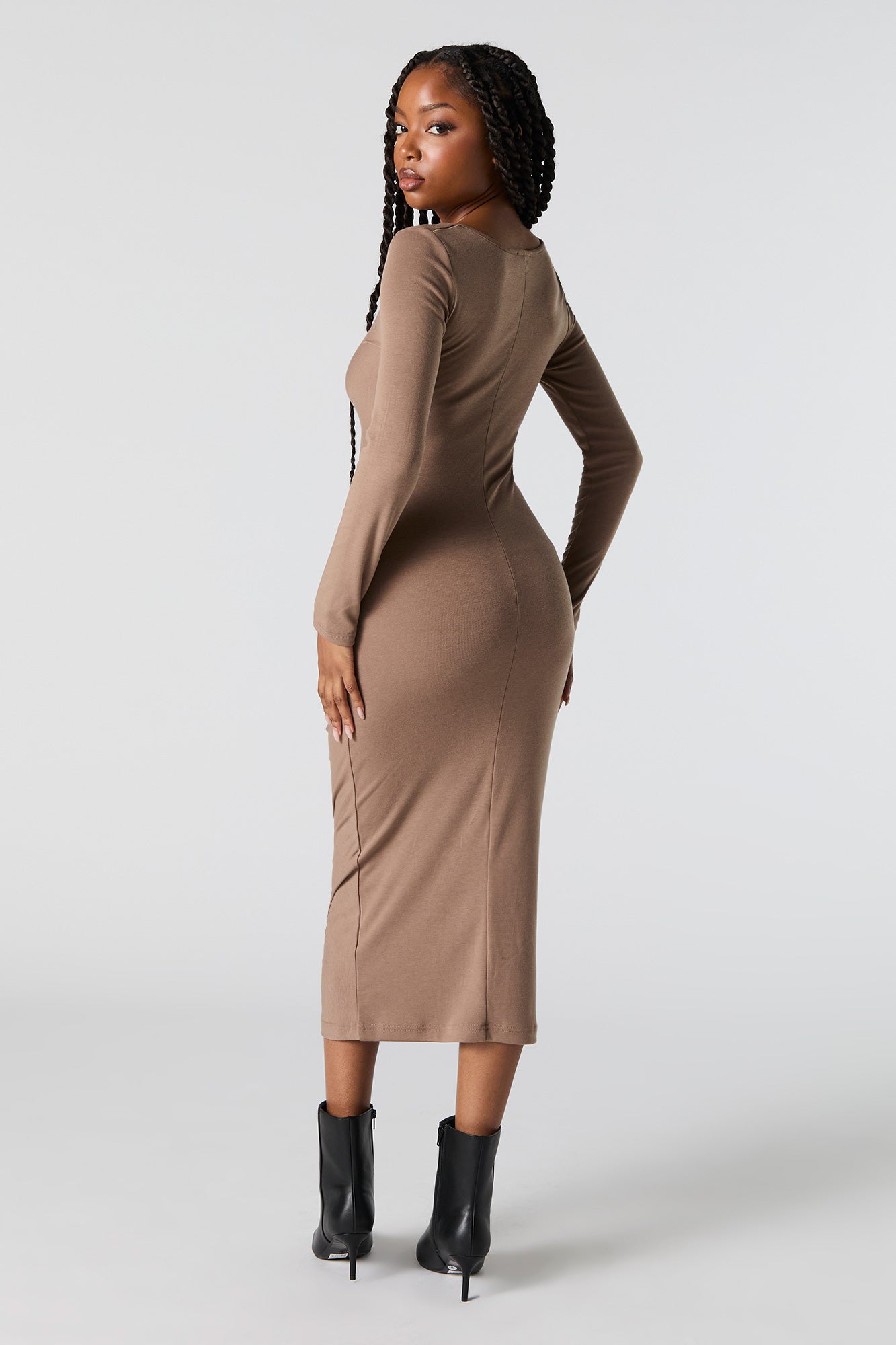 Ruched V-Neck Long Sleeve Midi Dress