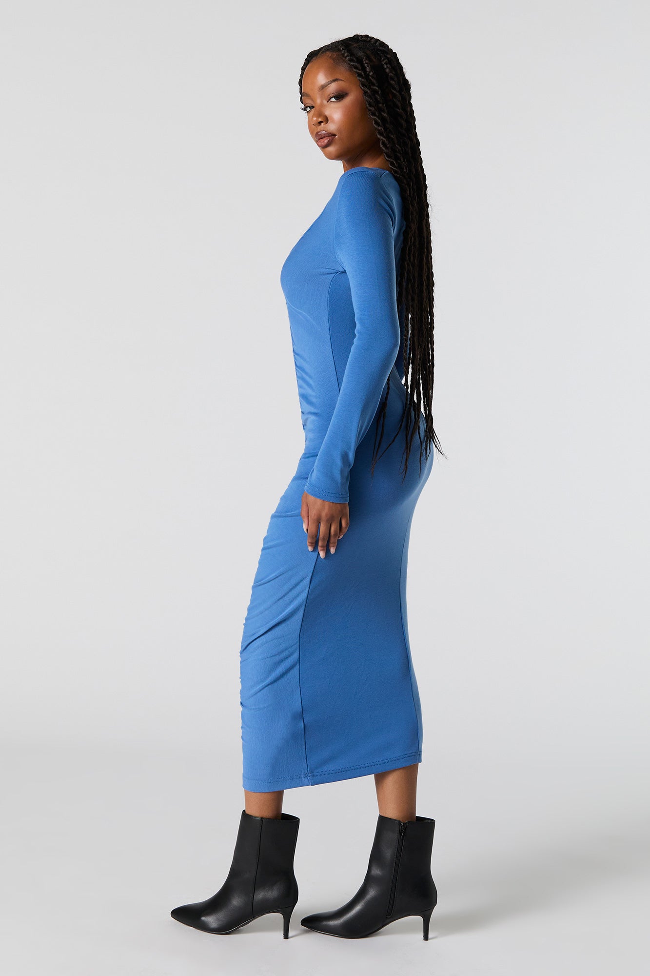 Ruched V-Neck Long Sleeve Midi Dress