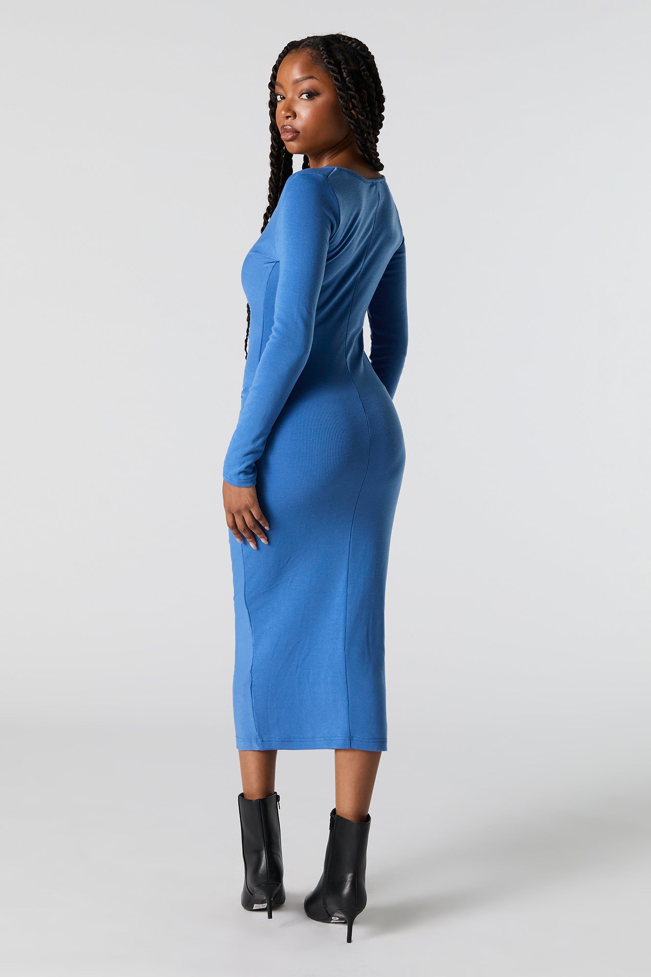 Ruched V-Neck Long Sleeve Midi Dress