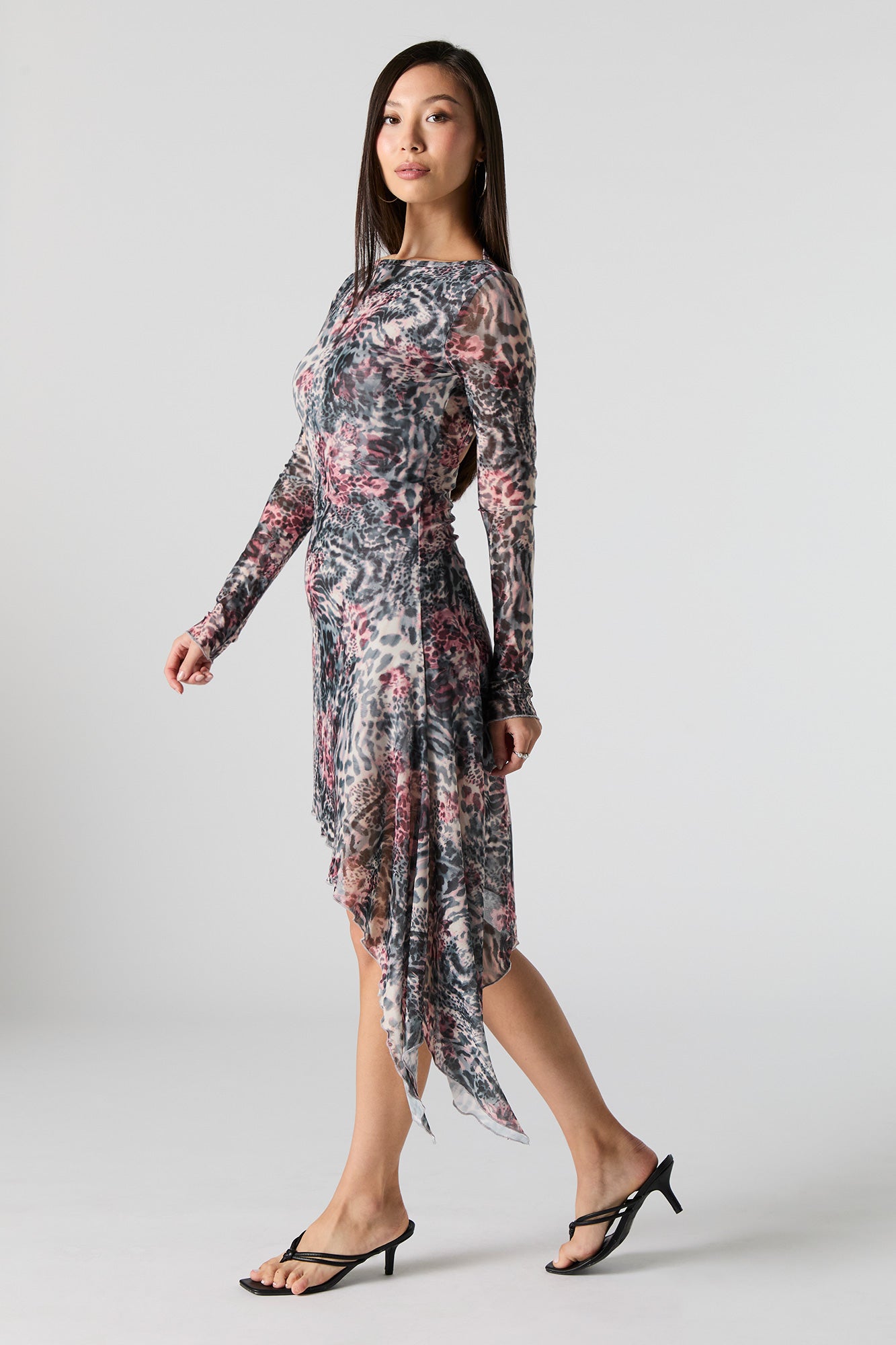 Mesh Insert Long Sleeve Asymmetrical Midi Dress