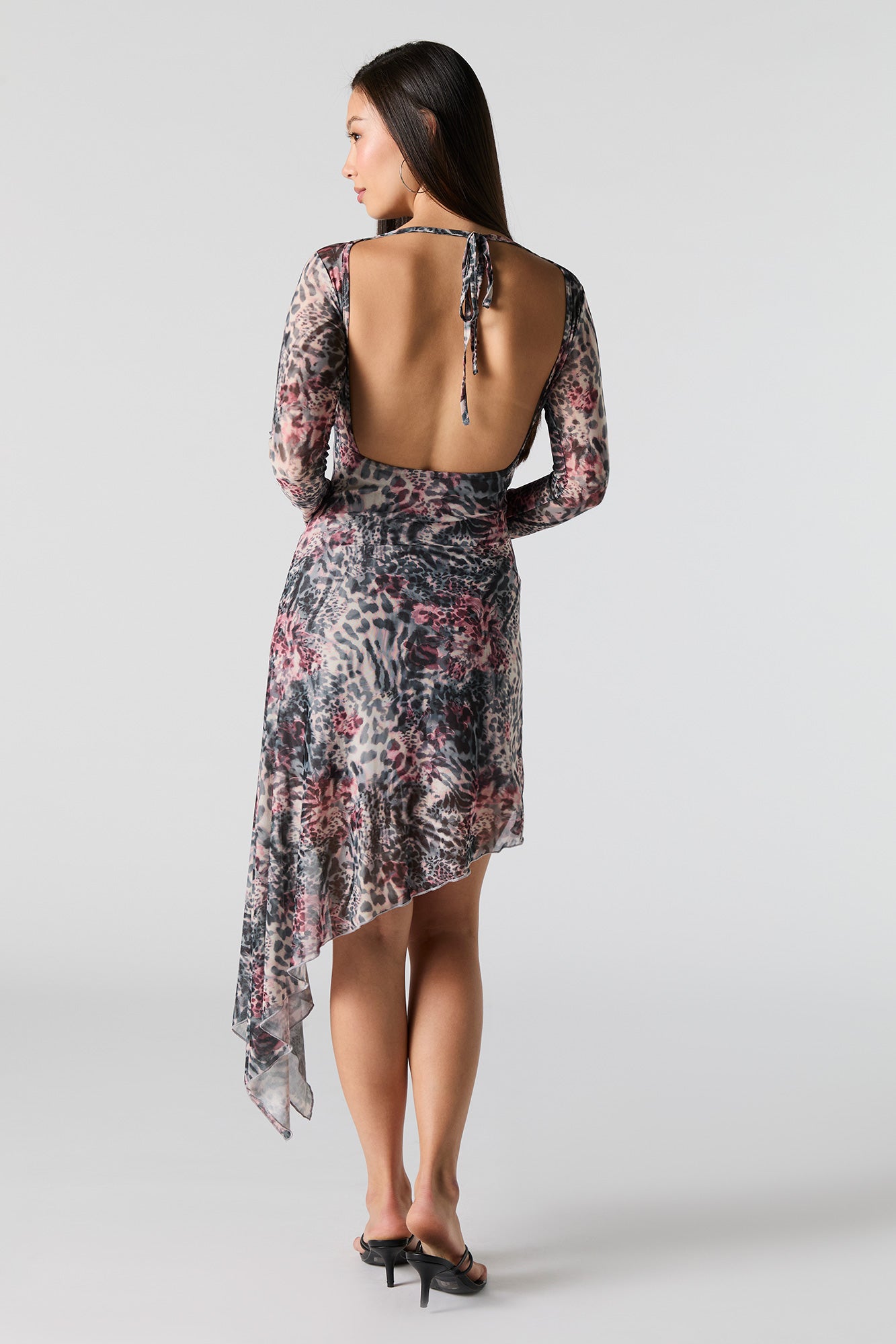Mesh Insert Long Sleeve Asymmetrical Midi Dress