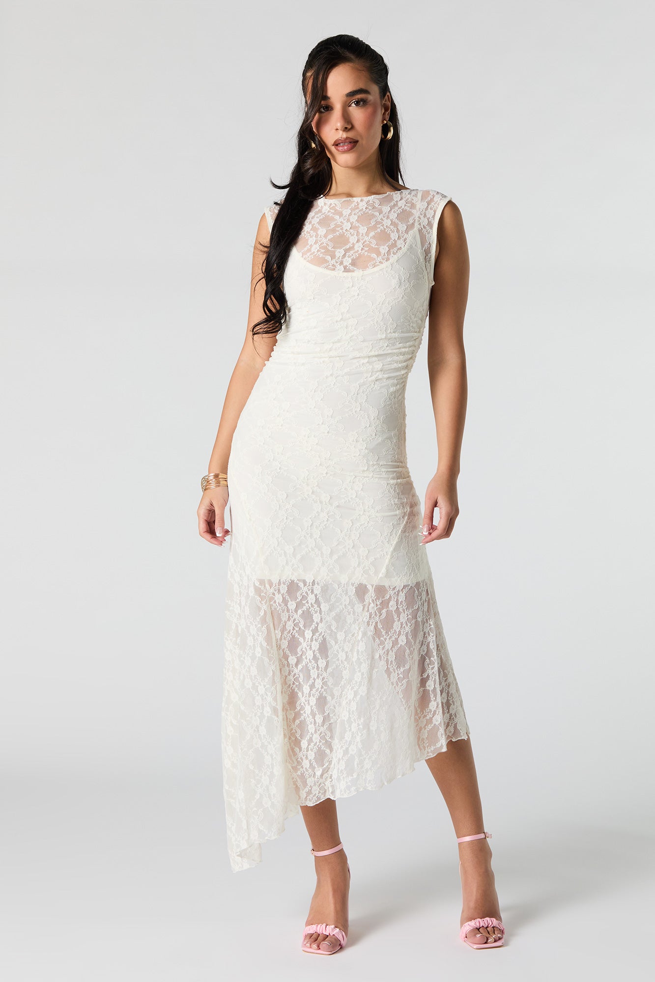 Floral Lace Off Shoulder Asymmetrical Maxi Dress