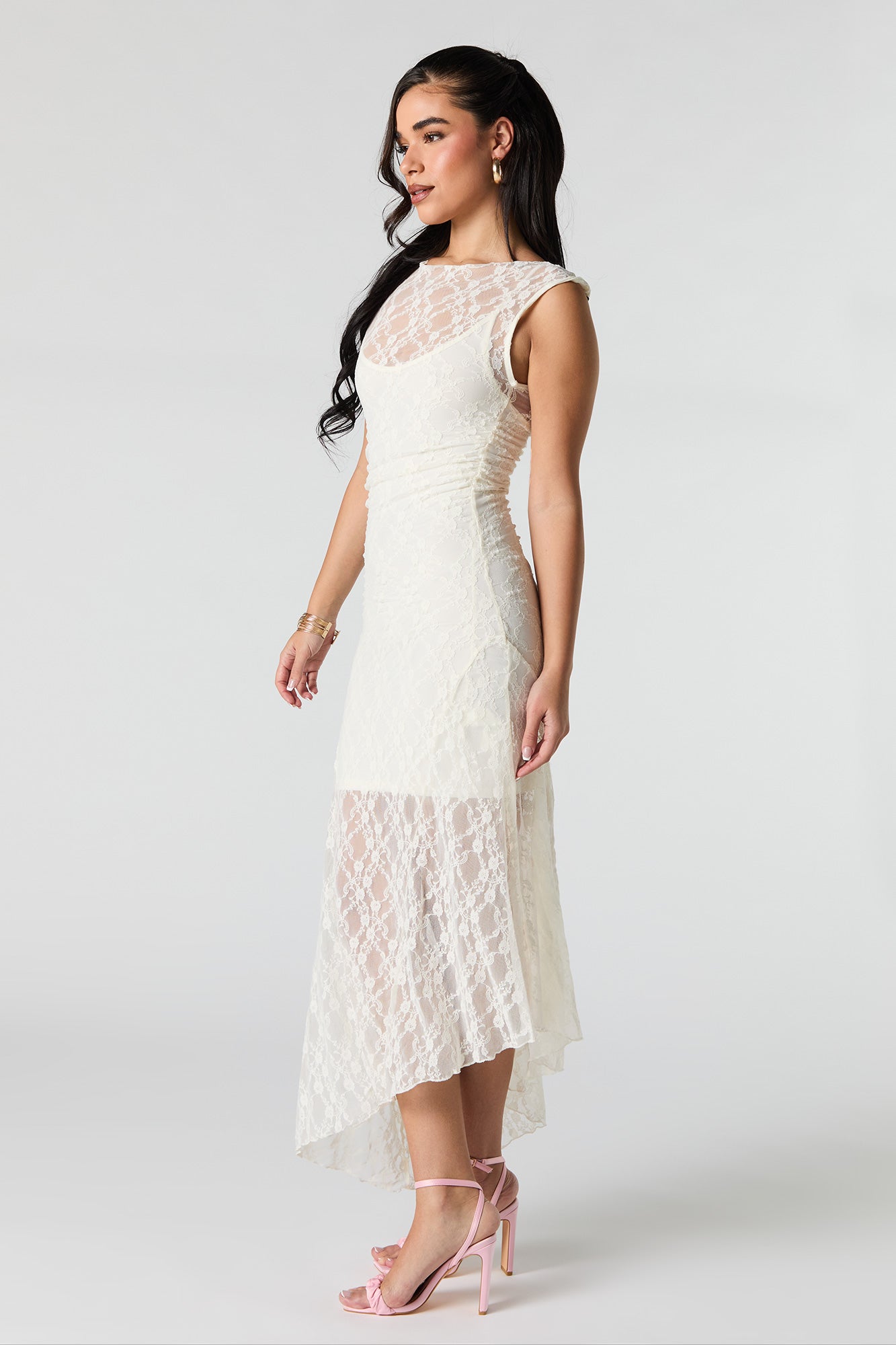 Floral Lace Off Shoulder Asymmetrical Maxi Dress