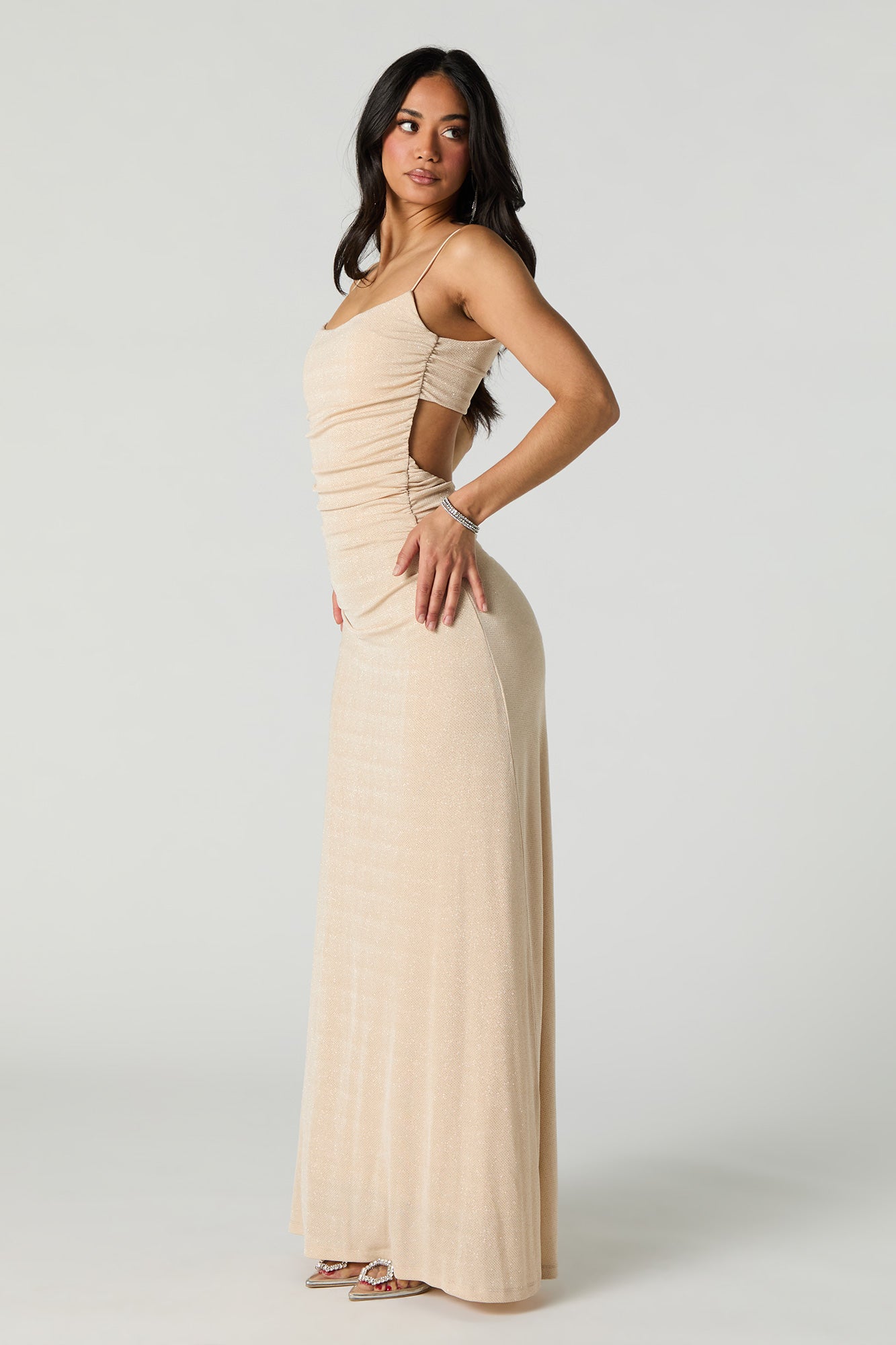Sparkle Ruched Cut-Out Back Maxi Dress