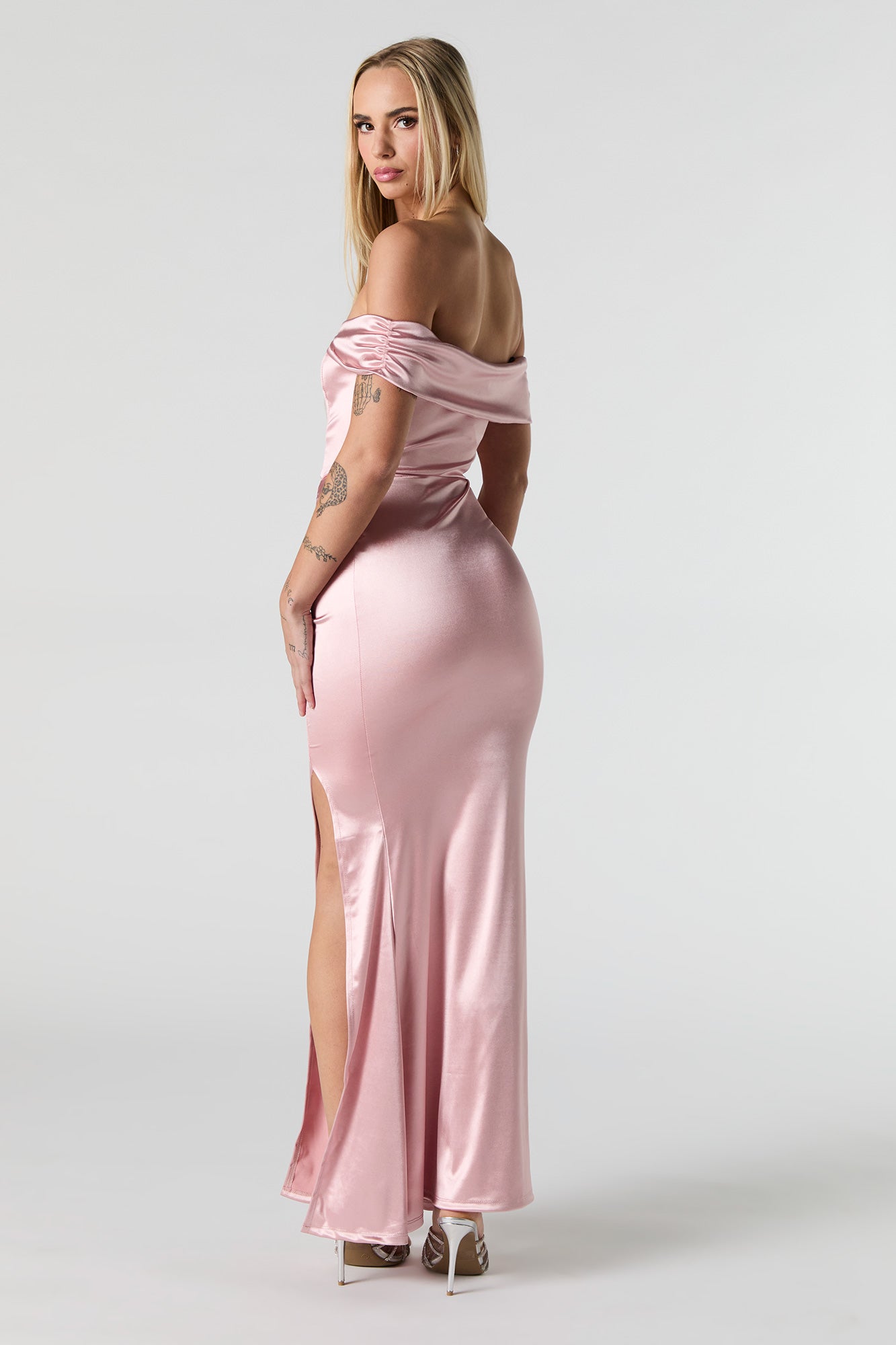Faux Silk Off Shoulder Satin Maxi Dress