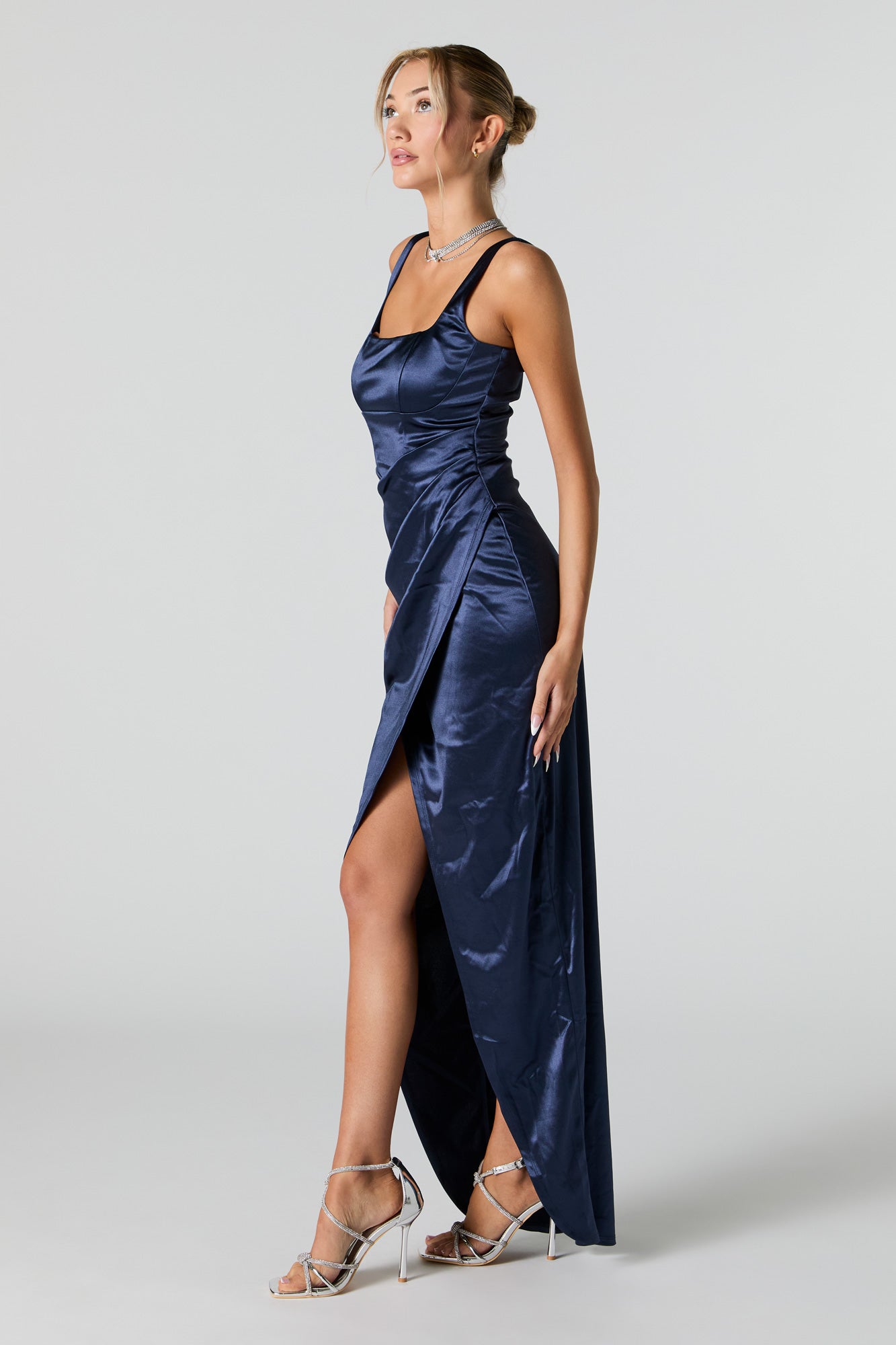 Satin Ruched Corset Maxi Wrap Dress