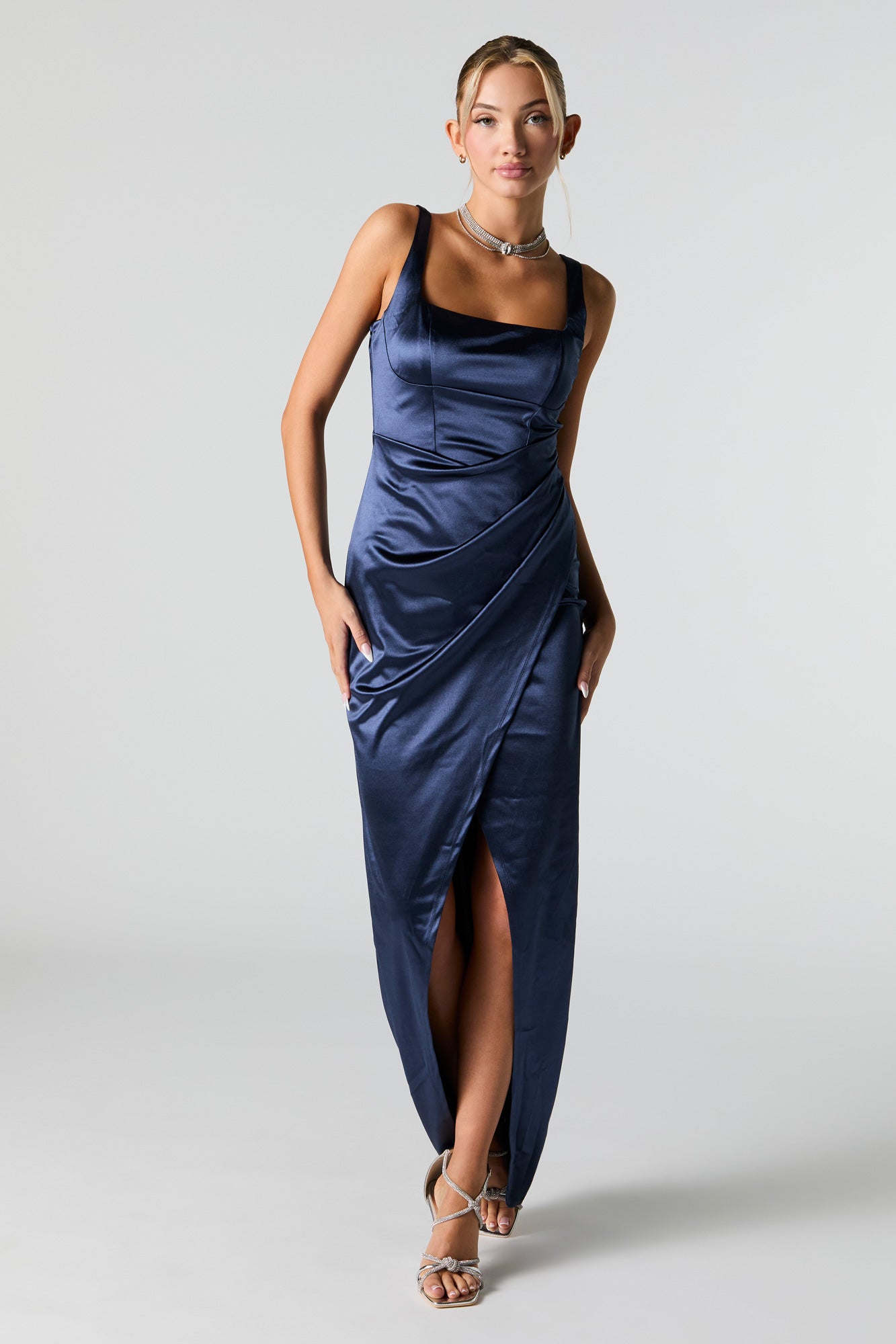 Satin Ruched Corset Maxi Wrap Dress