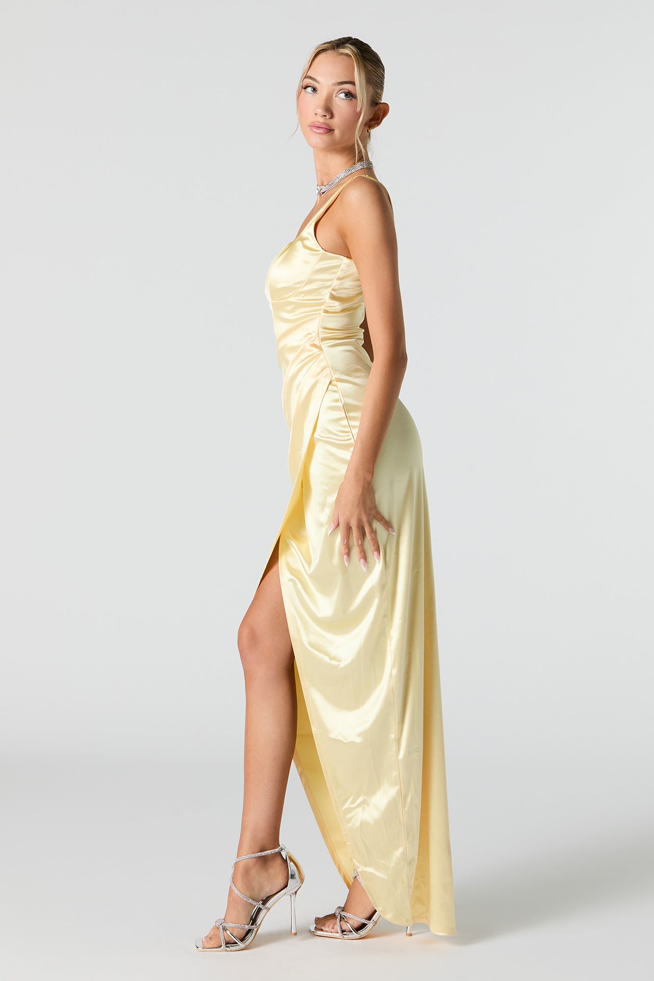 Satin Ruched Corset Maxi Wrap Dress