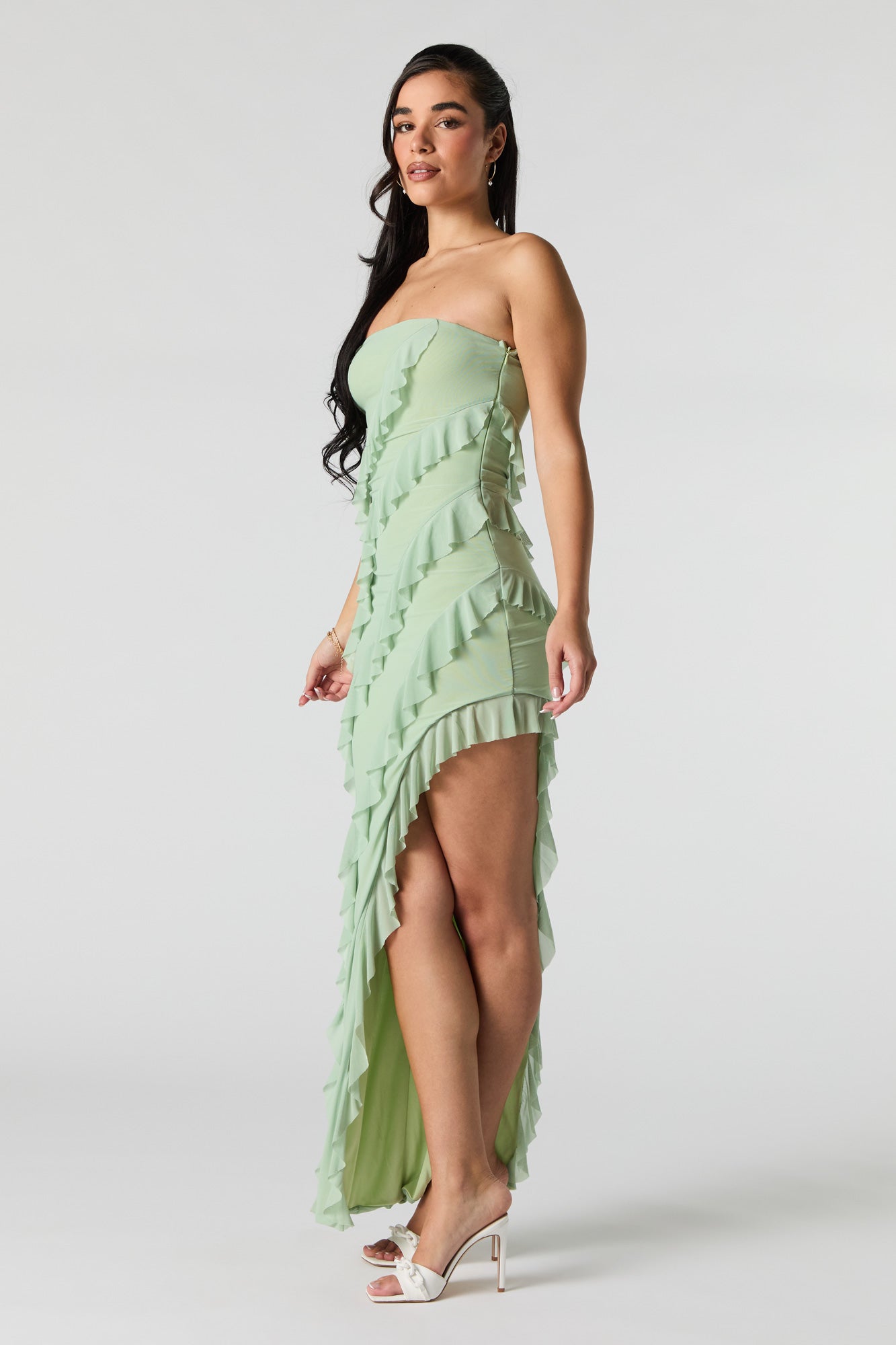Ruffled Asymmetrical Strapless Maxi Dress