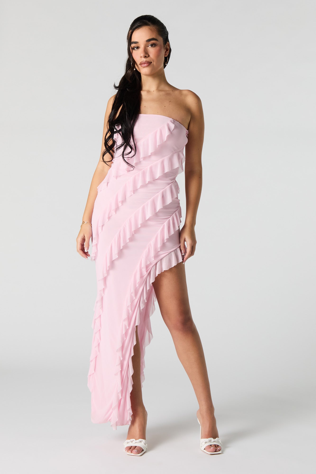 Ruffled Asymmetrical Strapless Maxi Dress