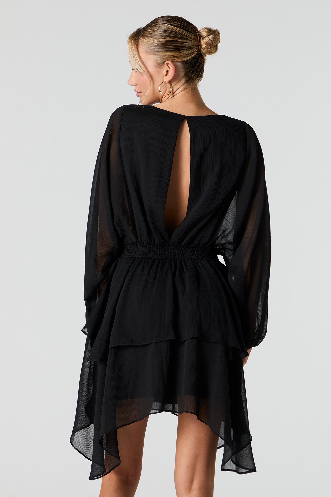 Mesh Tiered Long Sleeve Flowy Mini Dress