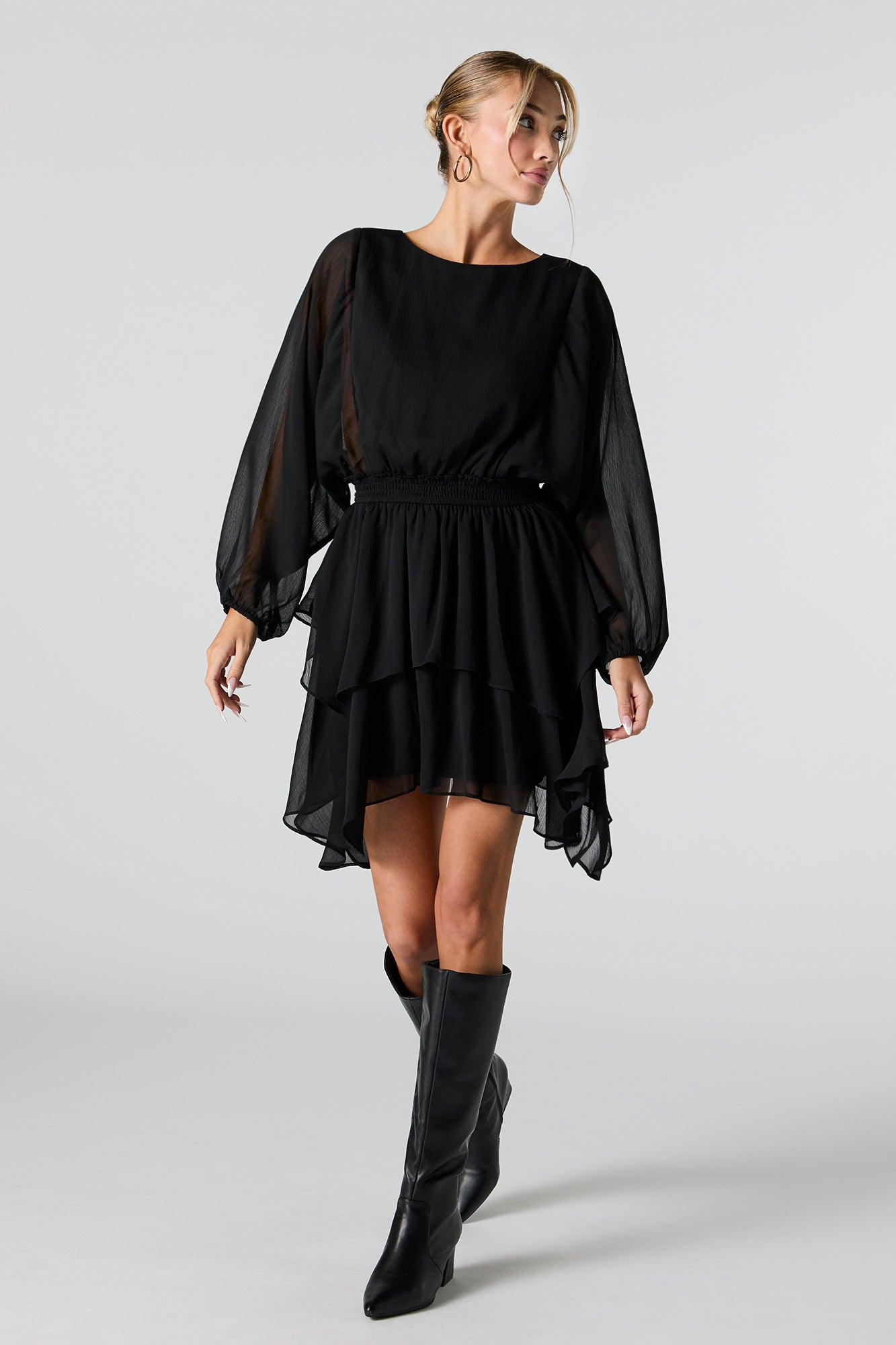 Mesh Tiered Long Sleeve Flowy Mini Dress