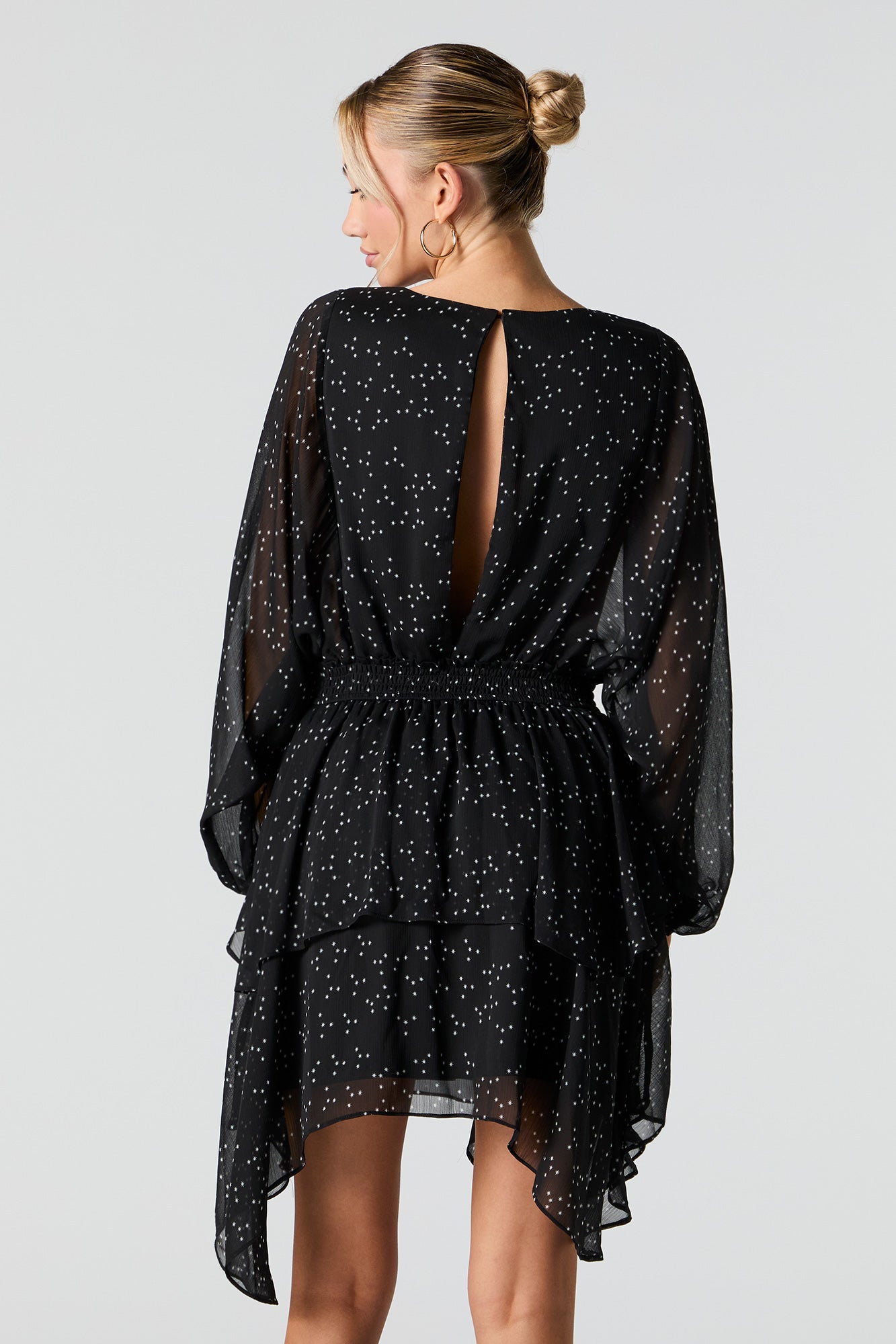 Mesh Tiered Long Sleeve Flowy Mini Dress