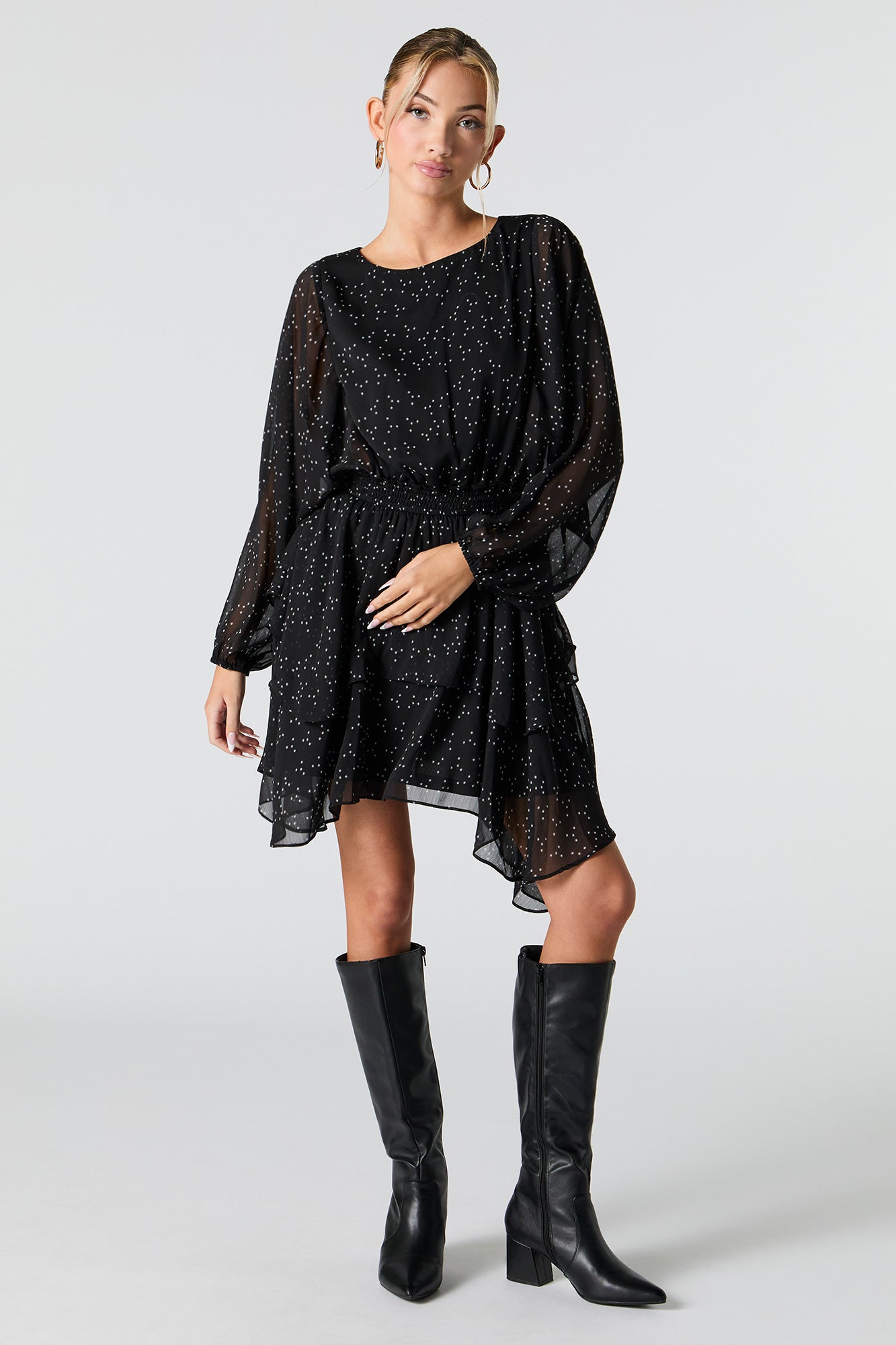 Mesh Tiered Long Sleeve Flowy Mini Dress