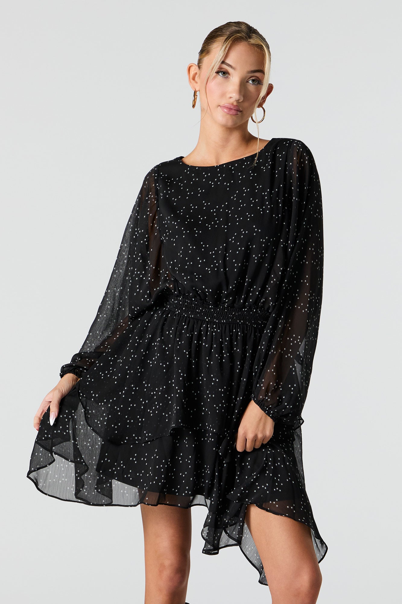 Mesh Tiered Long Sleeve Flowy Mini Dress