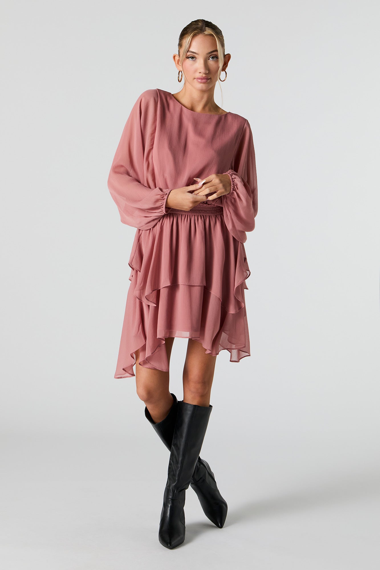 Mesh Tiered Long Sleeve Flowy Mini Dress