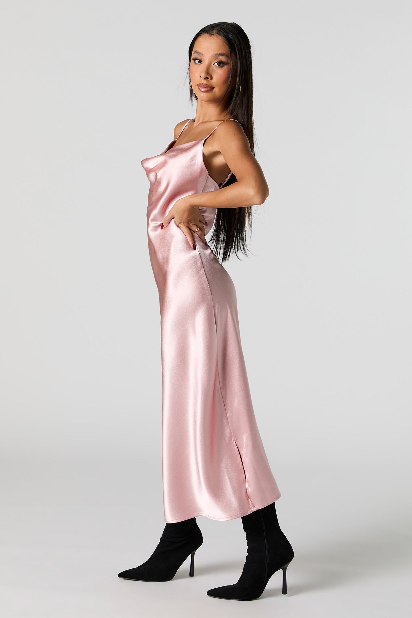 Satin Cowl Neck Midi Dress