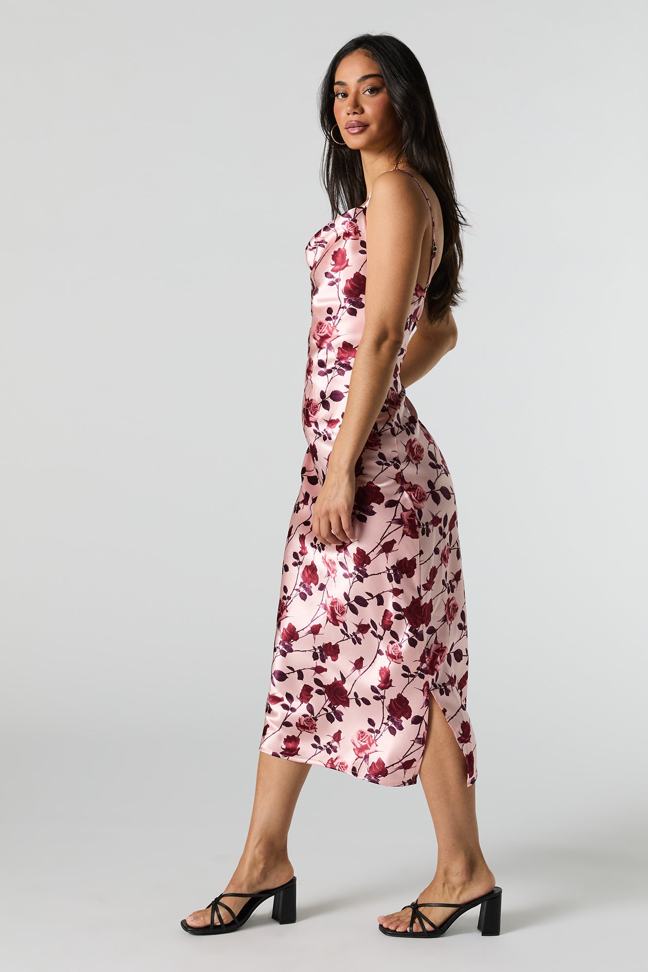 Satin Floral Cowl Neck Midi Dress
