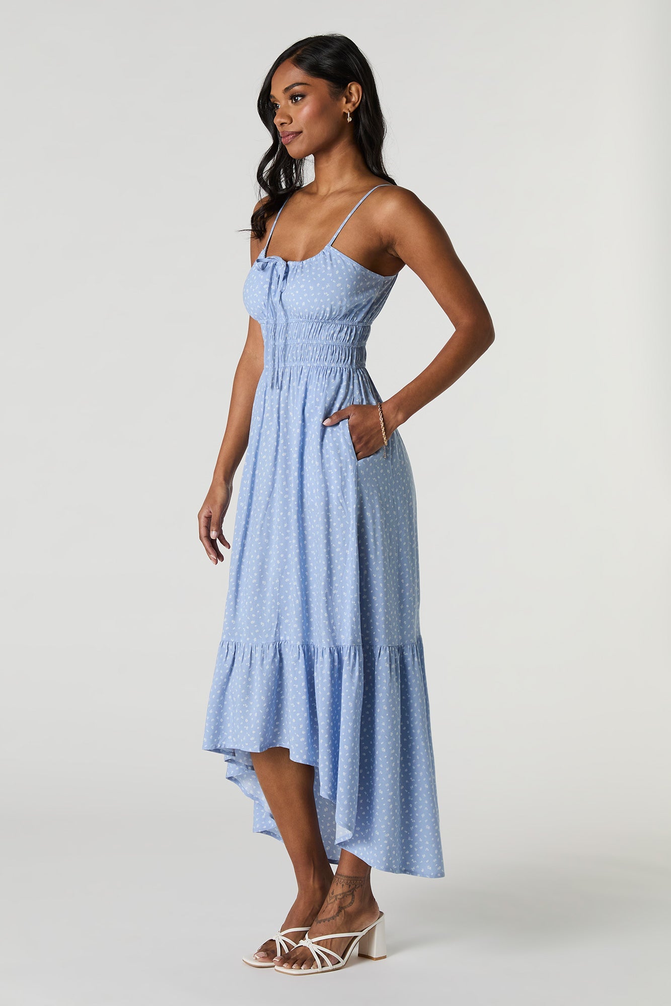 Floral Tie Front High Low Maxi Dress