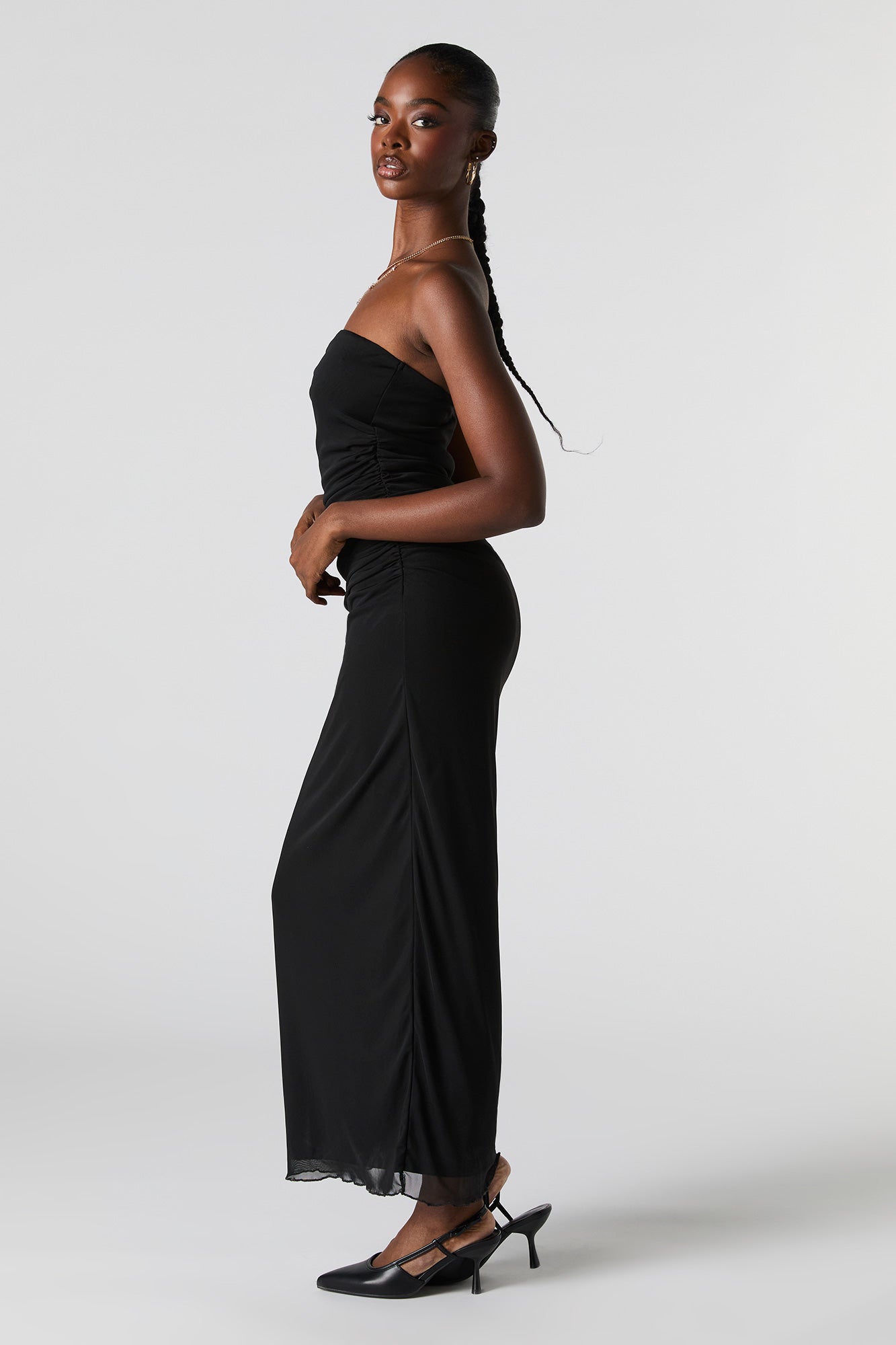 Mesh Ruched Strapless Maxi Dress