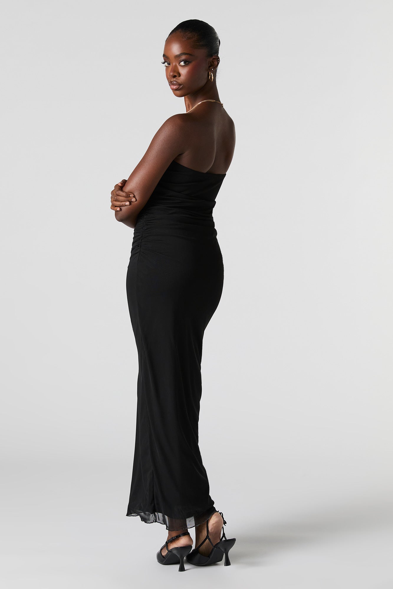 Mesh Ruched Strapless Maxi Dress