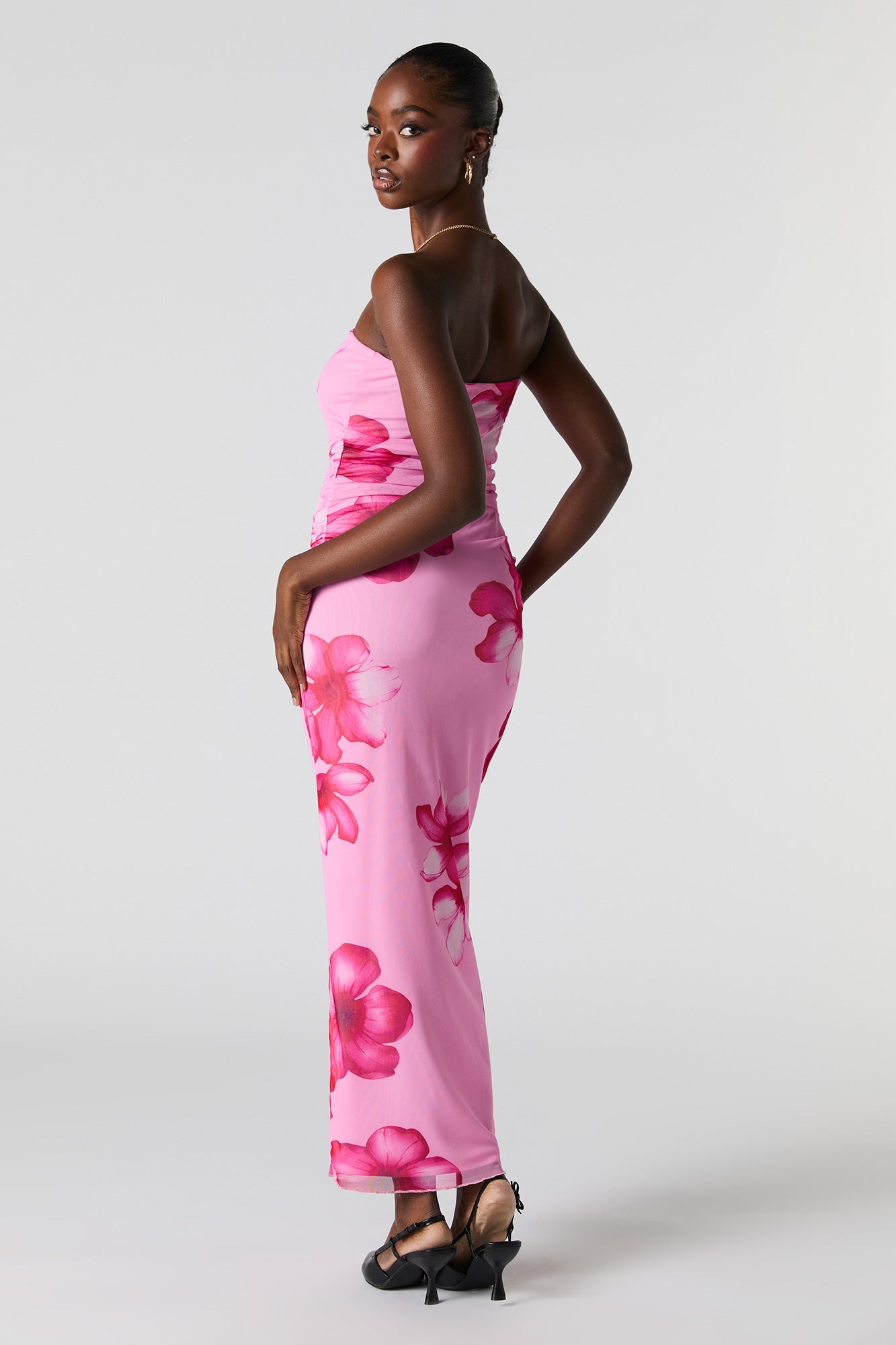 Mesh Ruched Strapless Maxi Dress