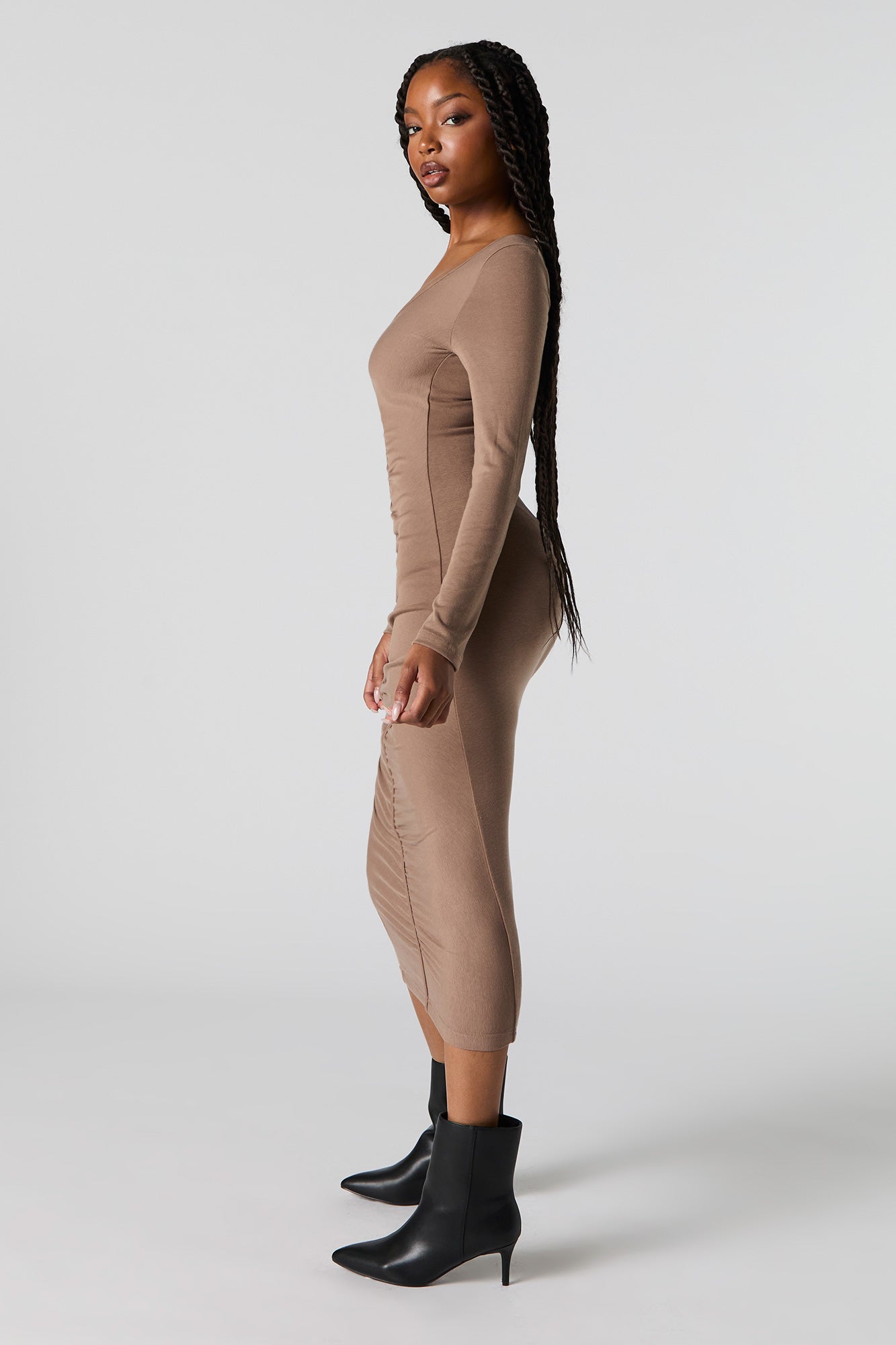 Ruched V-Neck Long Sleeve Midi Dress